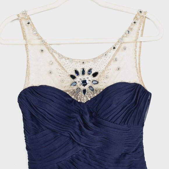 Adrianna Papell Illusion Bodice Jersey Sheath Dress Womens 6 Navy Mini Cocktail - Picture 12 of 16